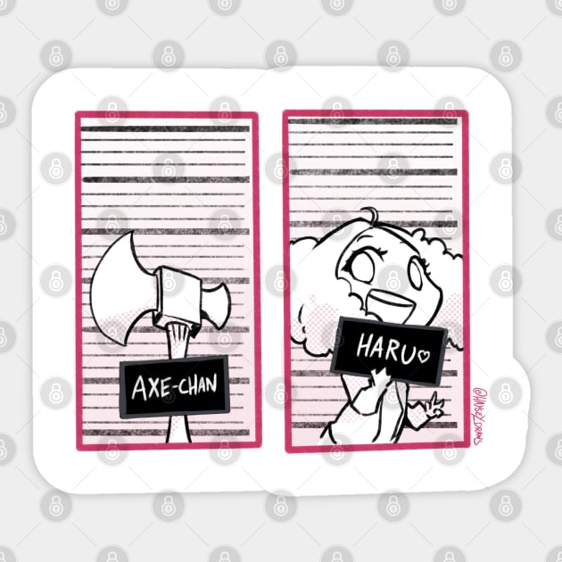 Wanted Axe-Chan and Haru Sticker by Haysey_Draws